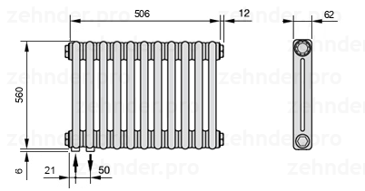 Схема (чертеж) Радиатор Zehnder Charleston 2056/11 №3370 Белый глянцевый RAL 9016